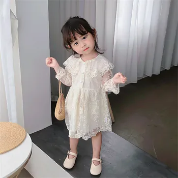 1-7T Yürüyor Çocuk Bebek Kız Giysileri Örgü Dantel Elbise Zarif Uzun Kollu Bahar Kıyafet Sevimli Tatlı Parti Kulübü Prenses Elbise