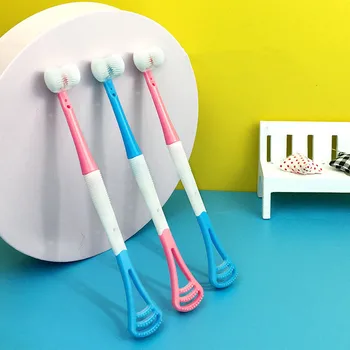 1 adet Üç taraflı Diş Fırçası Bebek çocuk Diş Fırçaları Yumuşak Kıllar Kolu Kazıma Dil Kaplama Bebek Fırçası Silikon