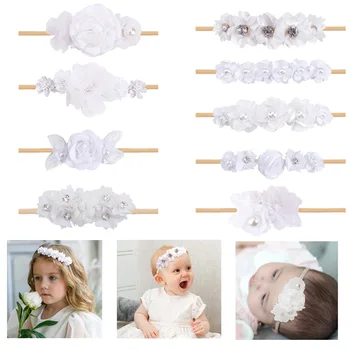 18 adet / grup Prenses Çiçek Naylon Kafa Bandı Yenidoğan Bebek Kız Beyaz Renk Yapay Çiçek Gelin saç aksesuarları Bebek Şapkalar