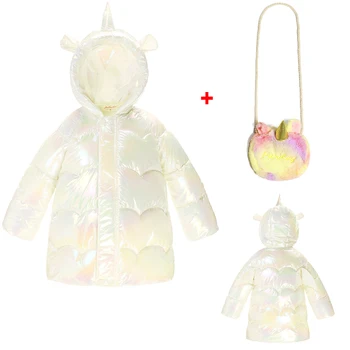 2-12 Yıl Toddler Kız Aşağı Ceket Sevimli Unicorn Kapşonlu İnci Renk Kış Ceket Kızlar İçin Uzun Ceket Su Geçirmez Çocuk Dış Giyim