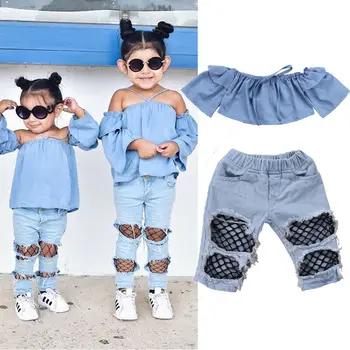 2 ADET Yenidoğan Çocuklar Bebek Kız Giysileri Mavi Kapalı Omuz Kırpma Üstleri Kot Delik Pantolon Kıyafetler Bebek Yaz Giyim Seti 1-4Y