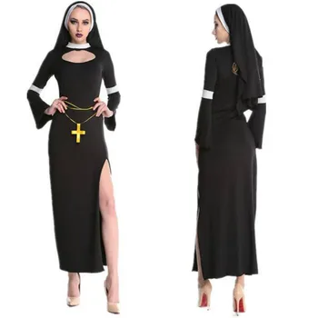 2020New Sıcak Arap Giyim Siyah Seksi Katolik Keşiş Cosplay Elbise Cadılar Bayramı Kostümleri Rahibe Kostüm