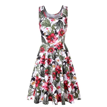 2021 yaz elbisesi artı boyutu kadın kolsuz o-boyun baskılı elbise rahat tatlı retro çiçek A-line etek plaj elbisesi Vestidos