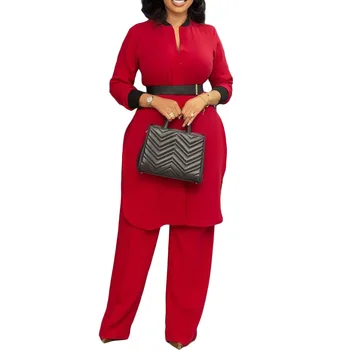 2022 Afrika Giysi Kadın Yaz Afrika Kadınlar Uzun Kollu Kırmızı Mavi Yeşil İki Adet Setleri Üst ve Pantolon Afrika Takım Elbise Kemer ile