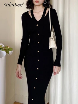 2022 Sonbahar Kış Kadın Kazak Elbise Midi Uzunluğu Tek Göğüslü Şık Bayanlar Uzun Kollu V Yaka Bodycon Örme Elbiseler C-190