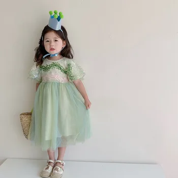 2022 Yaz Yeni Çocuklar Payetli Örgü Prenses Etek Çocuk Giyim Kız Yeşil Kısa kollu Kabarık Prenses Etek Butik Giyim