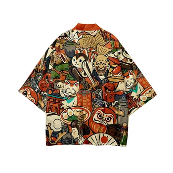 2022 Yeni Samurai Kedi Baskı Gömlek Giyim Geleneksel Haori Kimono Kadın Erkek japon animesi Şeytan Asya Streetwear Hırka Yuka