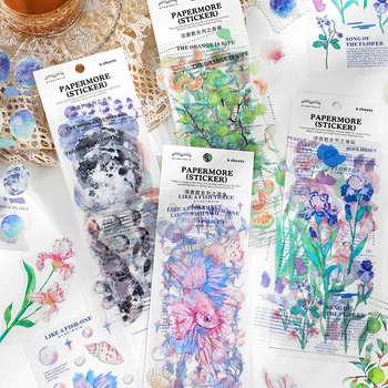 6 adet Suluboya Çiçekler Aylar Balık PET Sticker Taze Sanat dekorasyon Çıkartmaları