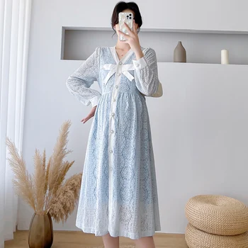672# 2022 Sonbahar Bahar Dantel Hamile uzun elbise Zarif Ins V Boyun Bir Çizgi Hamile Kadınlar için Seksi Sıcak Gebelik