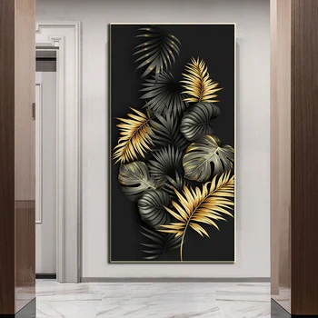 Altın Siyah Ev Dekor Modern Oturma Odası Tuval Boyama Çiçek Yaprakları Duvar Sanatı Tek Parça Posterler ve Baskılar Giclee Baskı