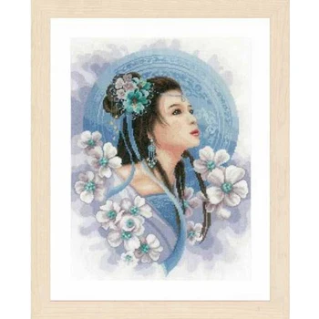 Amishop Altın Koleksiyonu Güzel Sayılan Çapraz Dikiş Kiti Asya Lady Mavi Prenses Kız Kadın Lass Ve Çiçekler Lan 0169168
