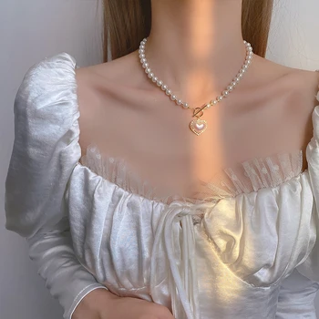 Atmosferik lüks büyük Kalp şeklinde kakma elmas inci Kolye Moda köprücük kemiği kolye kadınlar için 2022 Seksi aksesuarlar