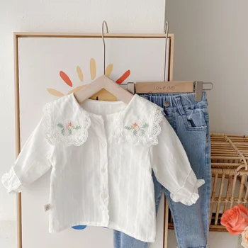Bahar Toddler Kız Dantel Bebek Yaka Gömlek Bluzlar Çocuklar pamuklu giysiler Bebek Kız İşlemeli Gömlek Dip Gömlek 0-7 yıl