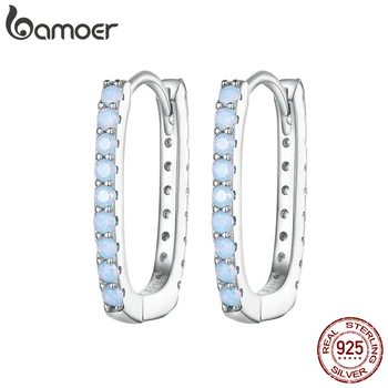 Bamoer 925 Ayar Gümüş Mavi Opal Basit Geometrik Kulak Tokaları Kare Hoop Küpe Açacağı Ayar CZ Kadınlar Takı için BSE744