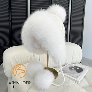Bayanlar Tilki Kürk Prenses Şapka Kış Moda Rahat İş Sıcak Örme Şapka 100 % Doğal Tilki Kürk
