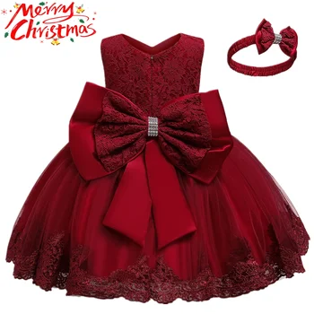 Bebek Dantel Kırmızı Noel Elbiseler fiyonk Sevimli 1st Doğum Günü Vaftiz Elbise Yürüyor Çocuk Yeni Yıl Düğün Parti Resmi kıyafeti