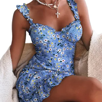 Boho Kadınlar Spagetti Kayışı Çiçek Sundress Yaz Tatlı Dantel Dantelli Ruffles Tutu Mini Elbise A-Line Bayan Çiçekler Straplez Elbise