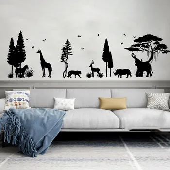Büyük Çam Ağacı Zürafa Fil Geyikler Duvar Sticker Oyun Odası Çocuk Odası Safari Afrika Orman Hayvanları Woodland Duvar Çıkartması Vinil