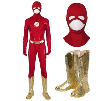 Cadılar bayramı Karnaval Barry Allen Cosplay Kostüm Süper Kahraman Sezon 8 Yeni Kıyafet Kahraman Kırmızı Tulum Altın Ayakkabı