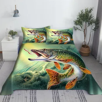 Canlı Balık yatak çarşafı Seti 3D Baskılı Polyester Yeşil Yatak Düz Levha Yastık Kılıfı çarşaf Çocuk Yetişkin Kral Kraliçe Boyutu