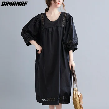 DIMANAF 2022 Yeni yaz elbisesi Kadın Dantel Çiçek Elbise Zarif Moda Sundress Bayan uzun elbise Gevşek rahat giyim Siyah Elbise