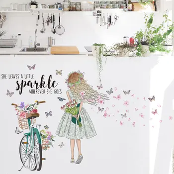 DIY Peri Kız Bisiklet duvar çıkartmaları Çiçek Kelebekler Duvar Çıkartmaları Kız Vinil Sanat Kızlar için Bebek Kreş Yatak Odası Oturma Odası