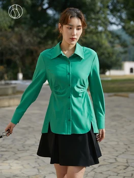 DUSHU Turn-aşağı Yaka Tam Kollu Kadın Gömlek Katı Rahat Ofis kadın bluzları Bahar Yeni 2022 Gömlek Kadınlar İçin рубазка
