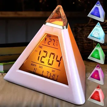Dijital LED çalar saat 7 Renk değiştirme gece Lambası zaman sıcaklık göstergesi piramit şekli masa saati
