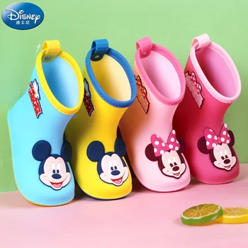 Disney çocuk yağmur çizmeleri erkek ve kız artı kadife yağmur çizmeleri çocuk Mickey bebek kaymaz hafif sıcak su ayakkabısı