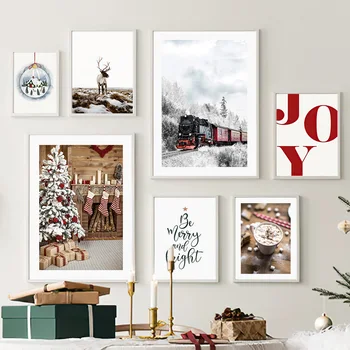 Duvar sanatı tuval yağlıboya Noel Ağacı Hediye Kırmızı Tren Geyik Modern Oturma Odası Dekorasyon Posterler Ve Baskılar Ev Duvar Resimleri