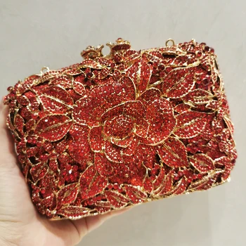 Düğün Çantalar En Yeni Rhinestone Gelinlik Kavramalar Çiçek Parti Balo Minaudiere Kırmızı Çiçek Elmas Altın Metal Nedime Tasarım 