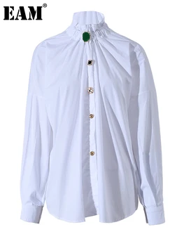 [EEM] Kadınlar Büyük Boy Renkli Düğme Vintage Bluz Yeni Standı Yaka Uzun Kollu Gömlek Moda İlkbahar Sonbahar 2023 1DD347800