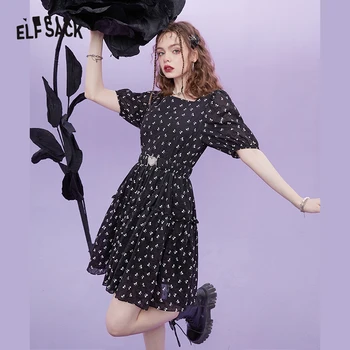 ELFSACK Siyah Polka Dot Puf Kollu Elbise Kadınlar 2022 Yaz Yeni Yüksek Bel Elbise Yüksek Bel Bayanlar Günlük Elbise