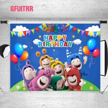 GFUITRR Oddbods Fotoğraf Arka Plan Çocuklar Doğum Günü Partisi Fotoğraf Arka Planında Bayrakları Gökkuşağı Balonlar Özel Karikatür Süslemeleri