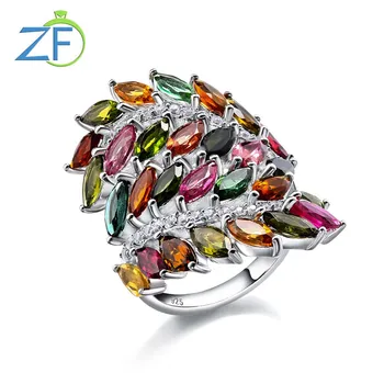 GZ ZONGFA Saf 925 Ayar Gümüş Renkli Yüzükler Kadınlar için Doğal Turmalin Taş 6.4 Karat Zarif Trendy Güzel Takı