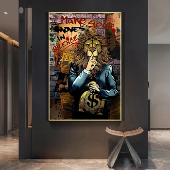 Graffiti Sanat Para Dolar Aslan Tuval Boyama Yağlıboya Modern Hayvan Posterler Baskılar Ev Dekor Duvar Resmi Oturma Odası İçin