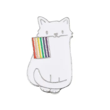 Gökkuşağı Bayrağı Beyaz Kedi Emaye Pimleri Karikatür Hayvan Gurur Broş Çanta Yaka Düğme Rozetleri moda takı Hediye Severler Arkadaşlar için