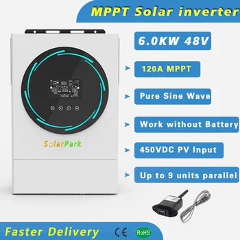 Hibrid güneş inverteri 6.0 KW 48V 230vac MPPT 120A güneş enerjisi şarj cihazı PV Girişi 6000W 450vdc LED halka ışıkları Dokunmatik Düğme