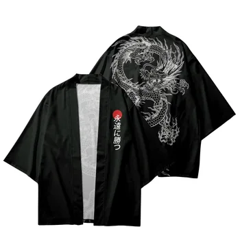Japon Ejderha Baskılı Siyah Geleneksel Kimono Cosplay Hırka Haori Plaj Yukata Streetwear Kadın Erkek Gömlek