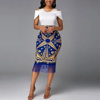 Kadın Afrika Elbise Dashiki Ankara Tarzı Retro Bazin Yüksek Bel Baskı Patchwork Püskül Kadın Zarif Catan Çanta Etek Afrika