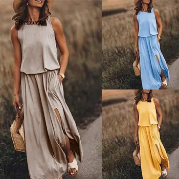 Kadın Boho Gevşek Bölünmüş Maxi Elbiseler Kolsuz Elastik Bel uzun elbise Kadın İlkbahar Yaz Bayan Plaj Elbiseleri