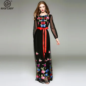 Kadın O Boyun Uzun Fener Kollu Çiçek Nakış kuşak kemer Zarif Maxi Pist Elbise