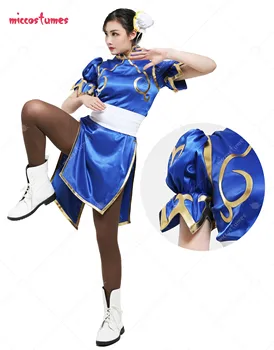 Kadın Oyunu Fighter Chun Li Cosplay Kostüm Yetişkin Mavi Cheongsam Cadılar Bayramı Partisi Elbise Kadın Kıyafeti