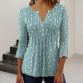 Kadın Sonbahar Zarif Yeni Geometrik V Boyun Rahat Polka Dot Üst T-shirt Çizgili Uzun kollu Kazak Tee Gömlek Kadın Giyim