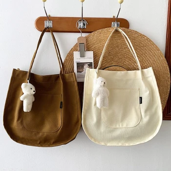 Kadınlar için kanvas çanta omuzdan askili çanta Düz Renk Bakkal Tote Basit Tasarımcı Kadın Çanta Kullanımlık Alışveriş Eko Alışveriş Çantaları