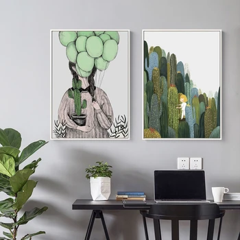 Kaktüs Kız Tuval Boyama Yeşil Saksı Bitki Balon Duvar Sanatı Karikatür Resim Baskılar İskandinav Ev Dekor Posterleri Oturma Odası için