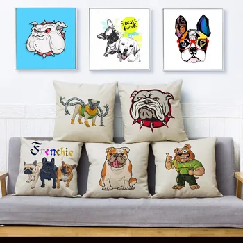 Karikatür Fransız Bulldog Köpek Baskı Atmak Yastık Örtüsü 45 * 45 Kare Yastık Keten Yastık Kılıfı Kanepe Ev Dekor Yastıklar Kılıfları