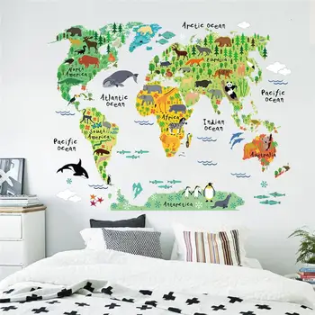 Karikatür Hayvanlar Dünya Haritası duvar çıkartmaları Çocuk Odası Süslemeleri İçin Safari Duvar Sanatı Hayvanat Bahçesi Çocuk Ev Çıkartmaları Kreş Posterler