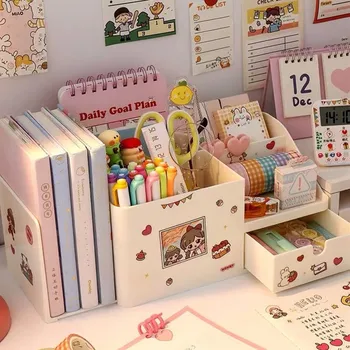 Kawaii ABS 2 in 1 Çok Fonksiyonlu masa üstü organiser kalemlik Kitap Standı Tutucu Kitap Ayracı Ücretsiz Sticker Okul Kırtasiye