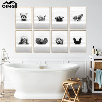 Komik Banyo Posteri Maymun Fil Rakun Kedi Köpek Kabarcık Banyo Baskılar Siyah Beyaz Hayvan Boyama Duvar Resmi duvar süsü